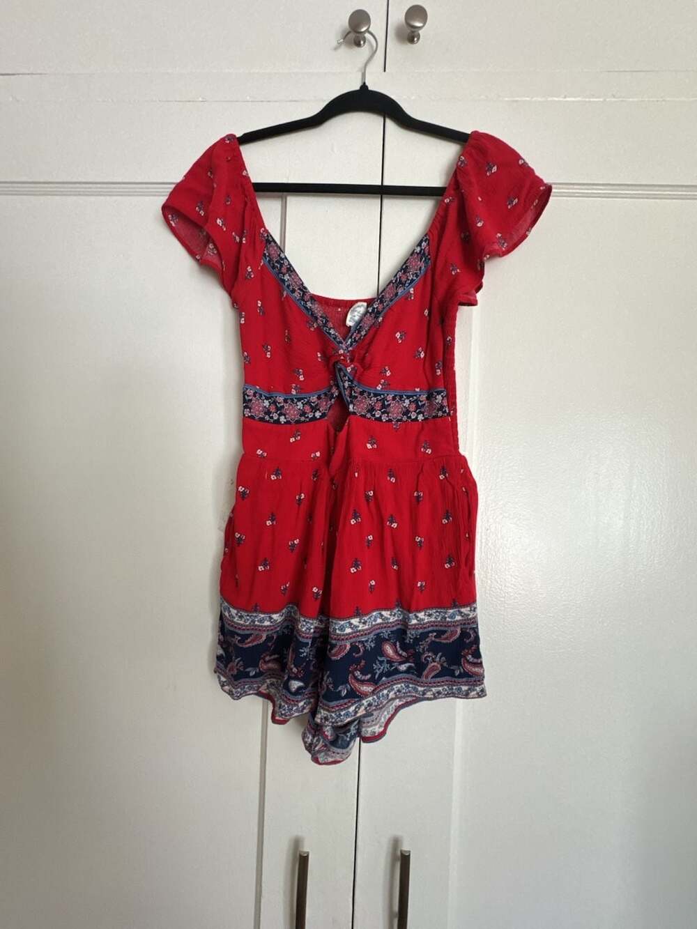 Blue Rain Red White Blue Floral Paisley Print Off Shoulder Short Sleeve Romper S